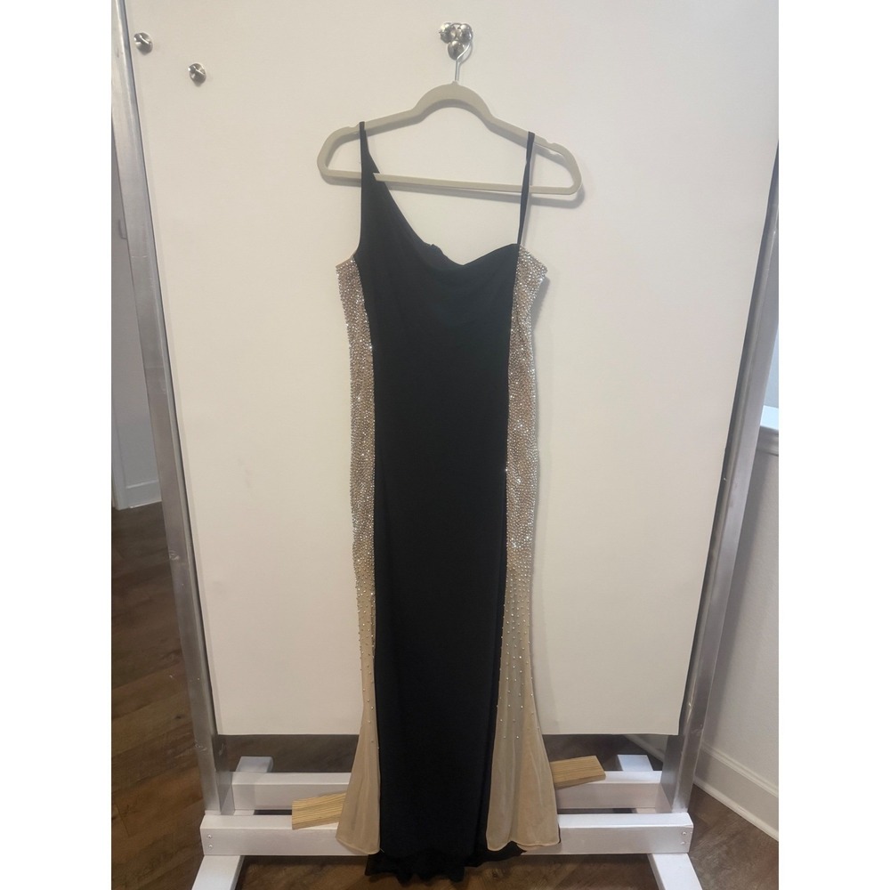 XSCAPE Black Rhinestone Embellished Asymmetric Gown Dress 14P Formal Evening